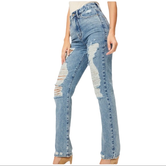 Good American Good Boy Shredded High Waist Boyfriend Jeans in Blue (4) - Picture 4 of 15